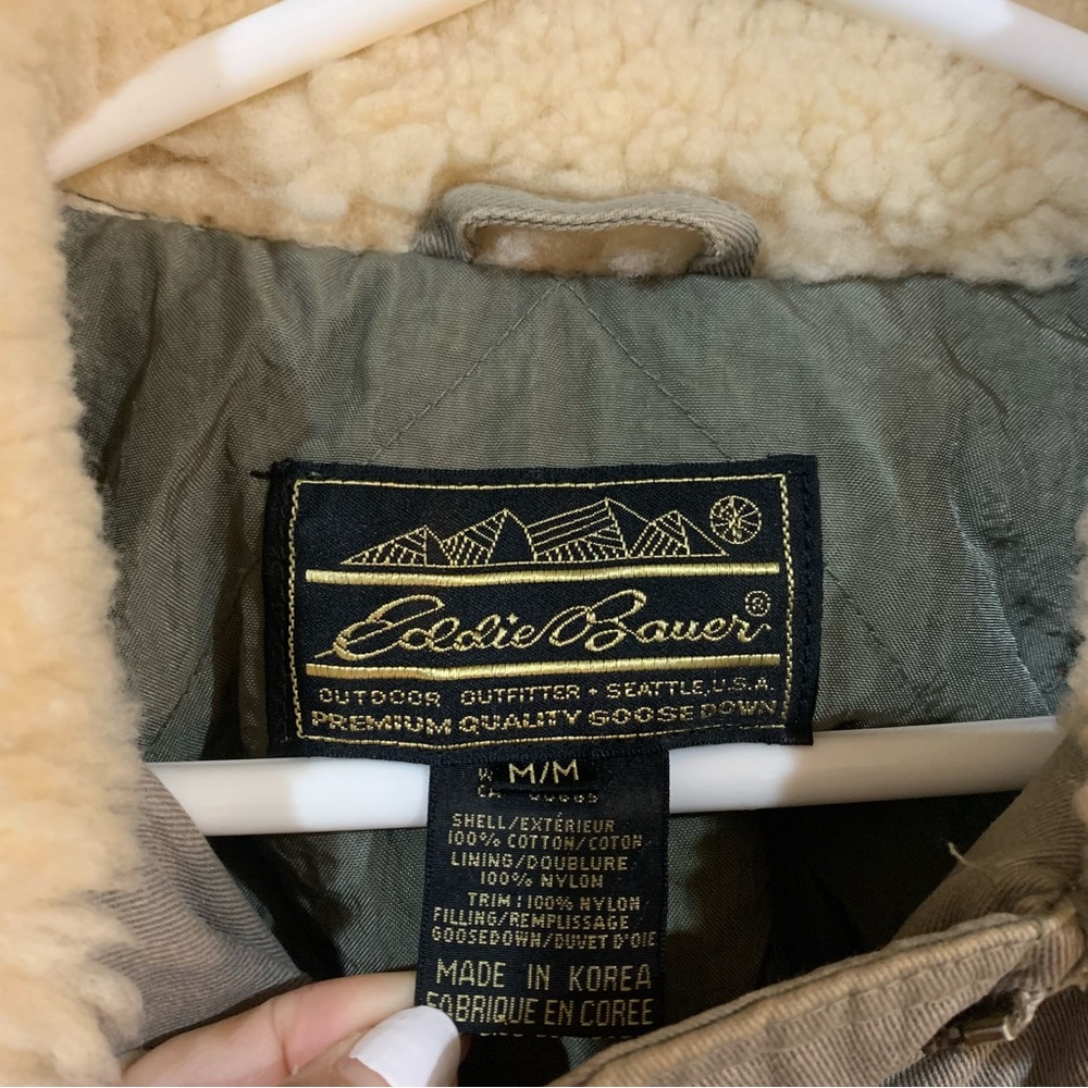 Vintage Eddie Bauer Men's Two-Tone Olive Jacket With Real Shearling Collar - Picture 3 of 7
